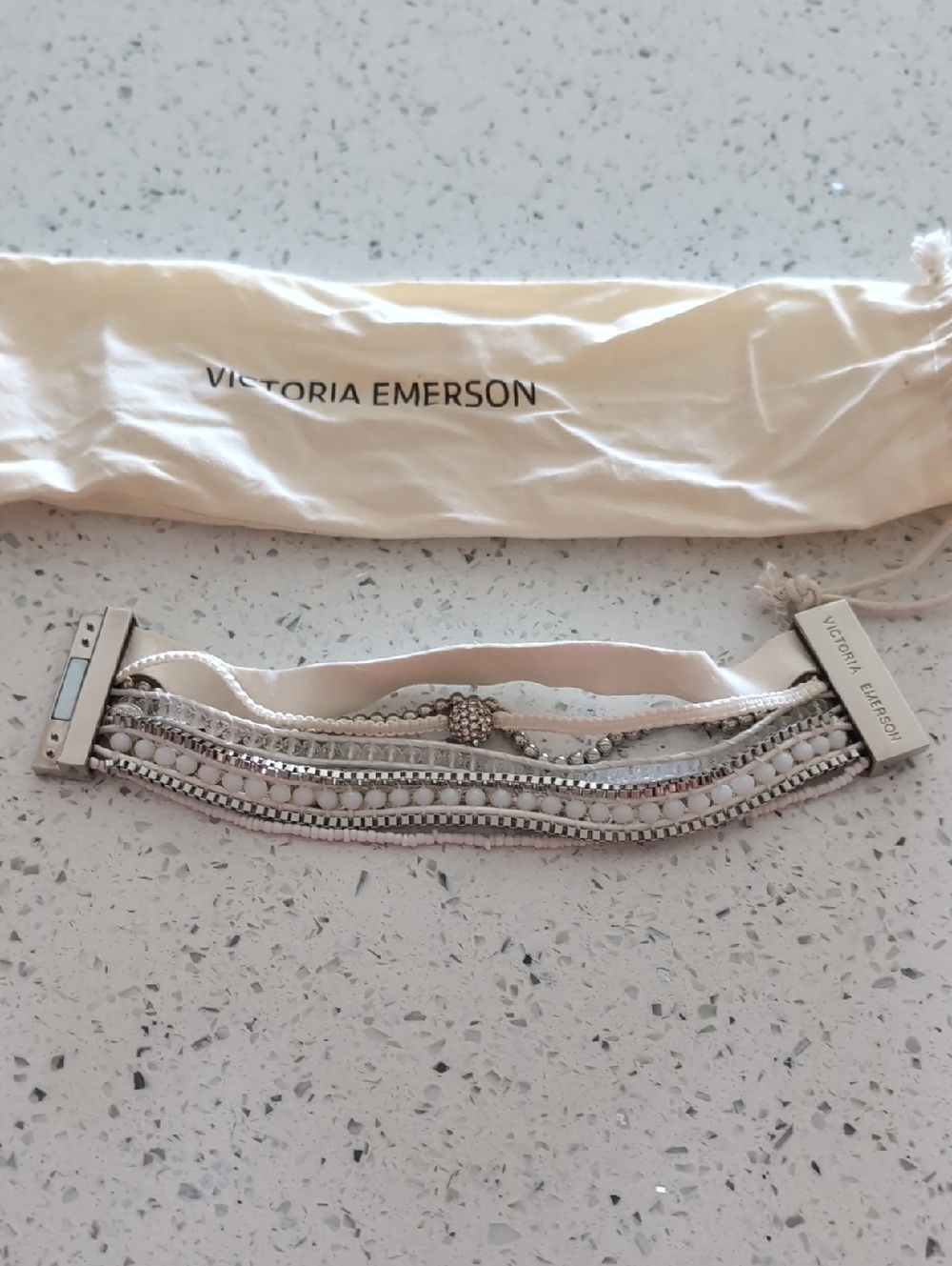 Victoria Emerson White and Silver Multi-Strand Beaded Bracelet